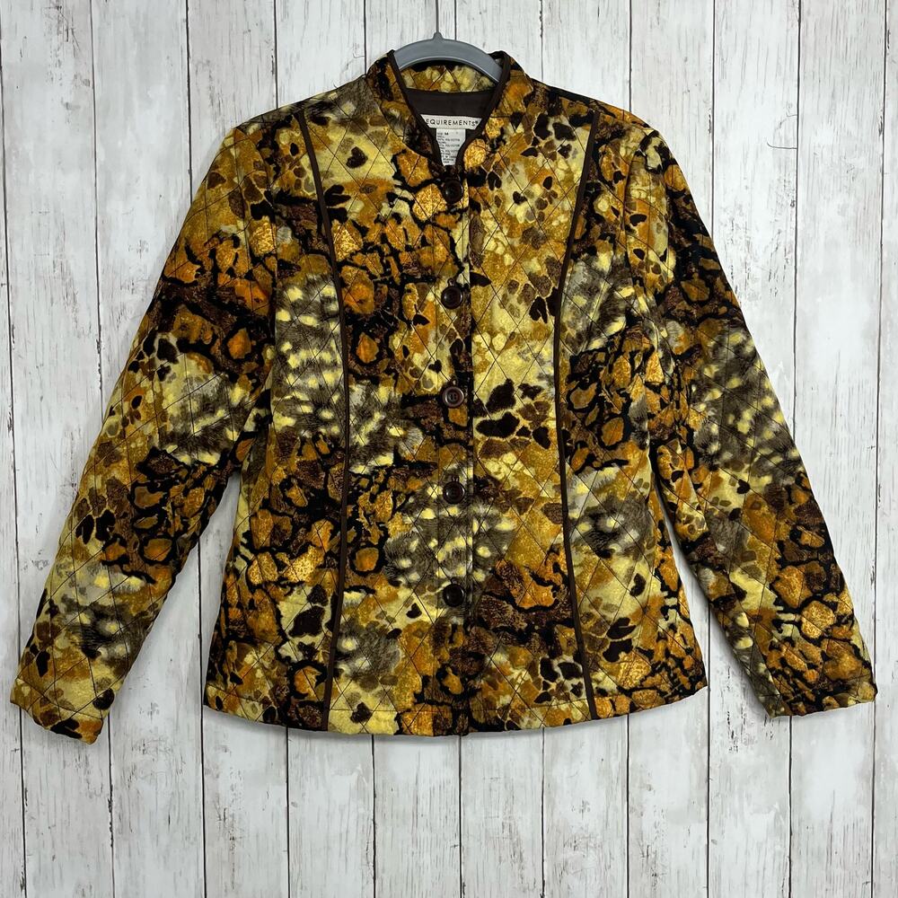Requirements Lined Quilted Gold Brown Animal Abstract Print Button Jacket Medium